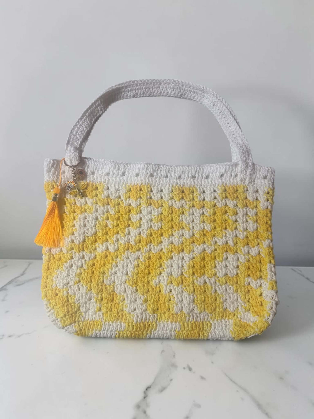 Handmade Yellow & White Crochet Tote Purse –  Handbag with Bee Charm