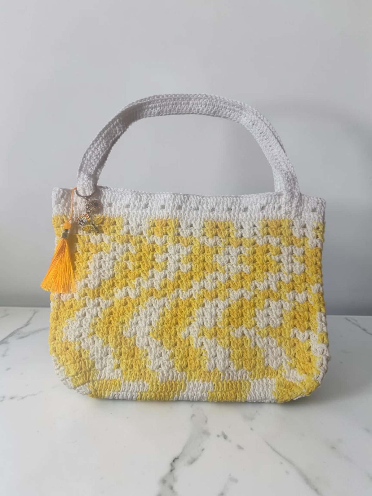 Handmade Yellow & White Crochet Tote Purse –  Handbag with Bee Charm