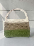 Handmade Green, Beige &amp; Cream Crochet Shoulder Purse – Earth-Tone Colorblock Handbag