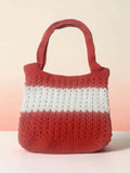 Handmade Coral &amp; Cream Crochet Shoulder Purse – Striped Color block Handbag