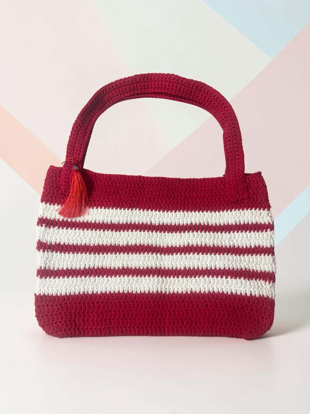 Handmade Red & White Striped Crochet Tote Purse – Classic Handbag with Tassel Accent