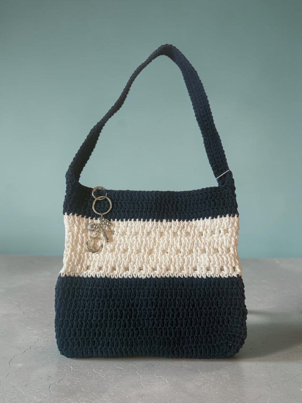 Handmade Navy Blue &amp; Cream Crochet Shoulder Purse – Nautical-Inspired Handbag