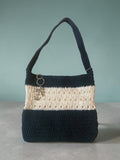 Handmade Navy Blue &amp; Cream Crochet Shoulder Purse – Nautical-Inspired Handbag