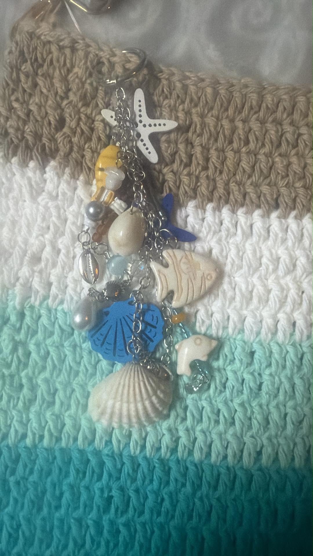 Handmade Coastal Crochet Shoulder Purse – Ocean-Inspired Striped Handbag with Adjustable Strap