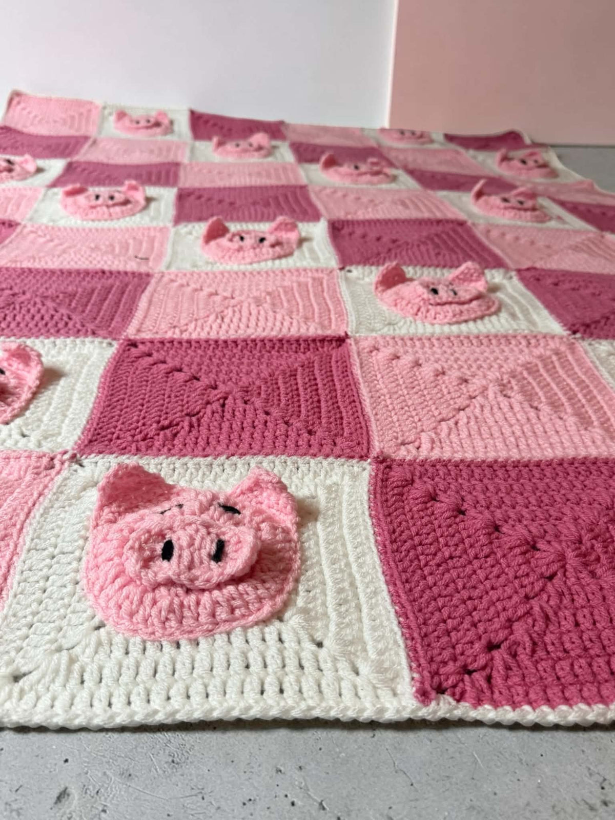 Large Handmade Crochet Pig Blanket – Pink Patchwork Design
