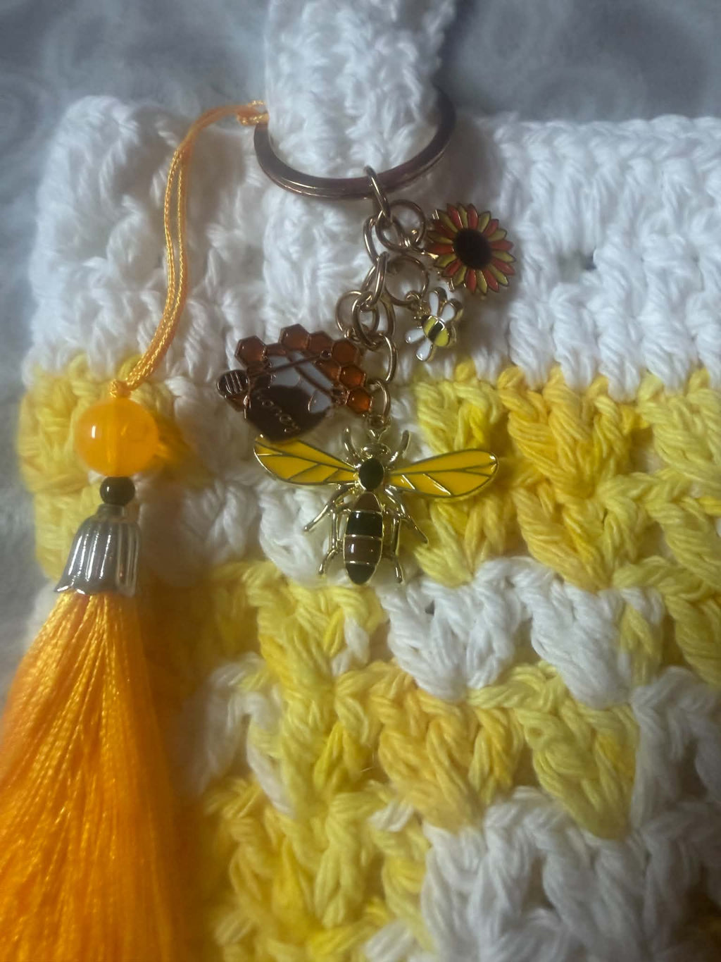 Handmade Yellow & White Crochet Tote Purse –  Handbag with Bee Charm