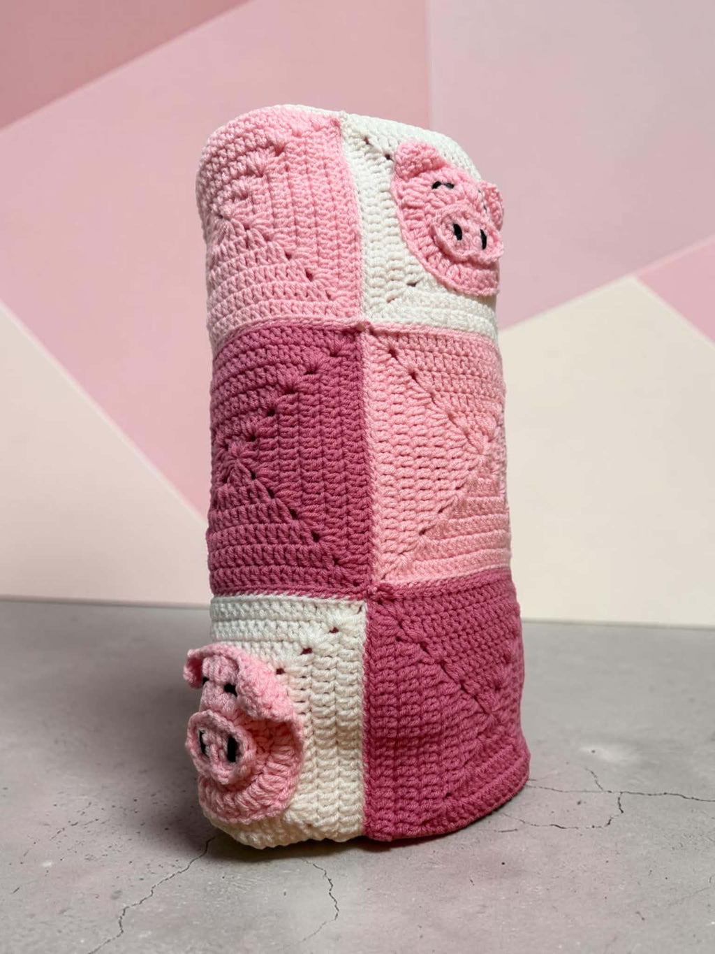 Large Handmade Crochet Pig Blanket – Pink Patchwork Design