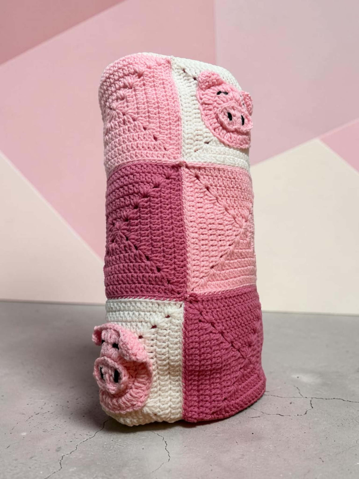 Large Handmade Crochet Pig Blanket – Pink Patchwork Design